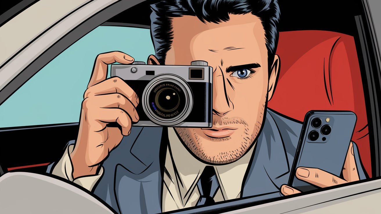 comic style detective with camera and smartphone in car; private investigator Mannheim South-Western Germany, private detective Ludwigshafen South-Western Germany, detective agency Heidelberg South-Western Germany, private eye Mannheim South-Western Germany